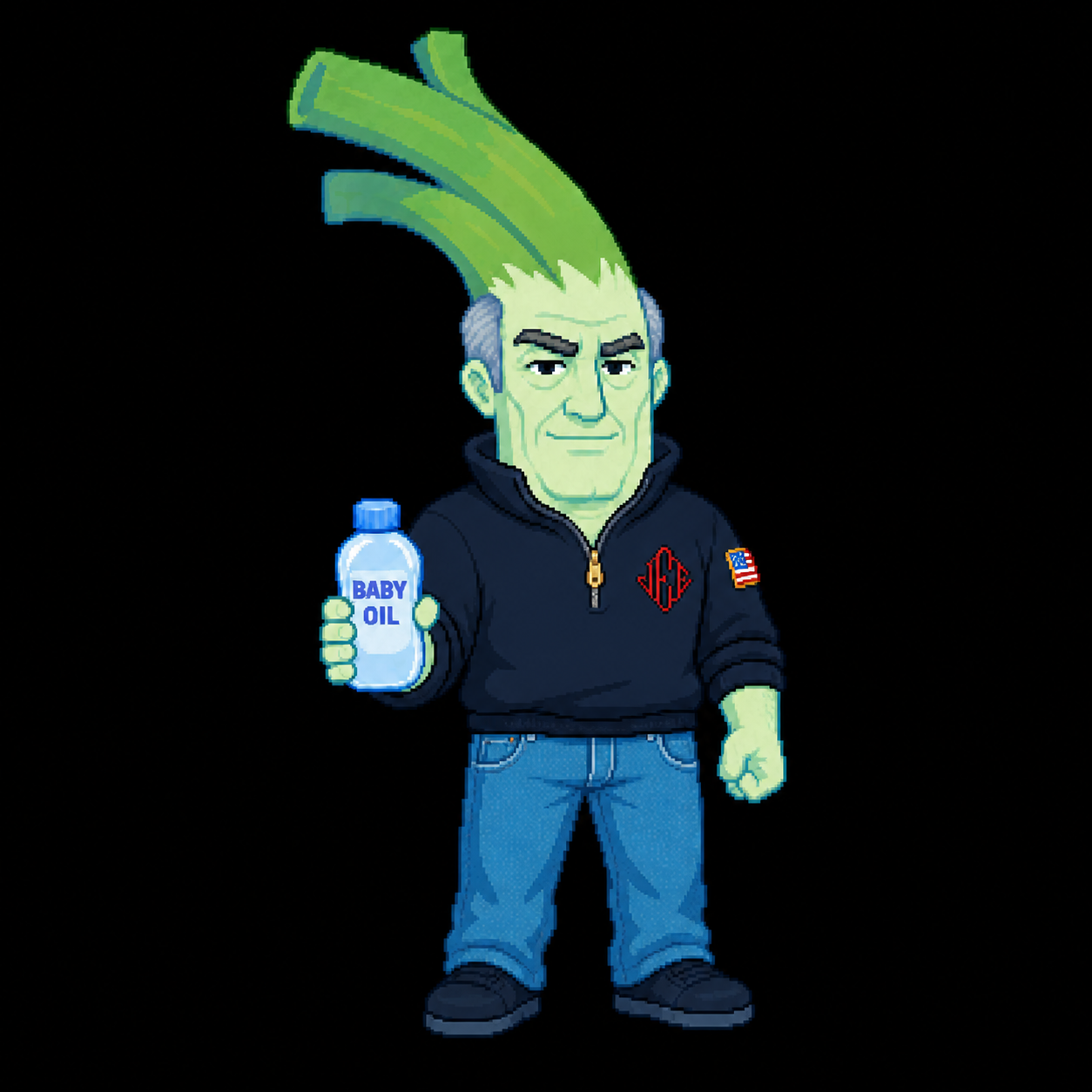Pixel art of the $EPSTEINLEEK mascot: a green man with leek-stalk hair holding a bottle of baby oil