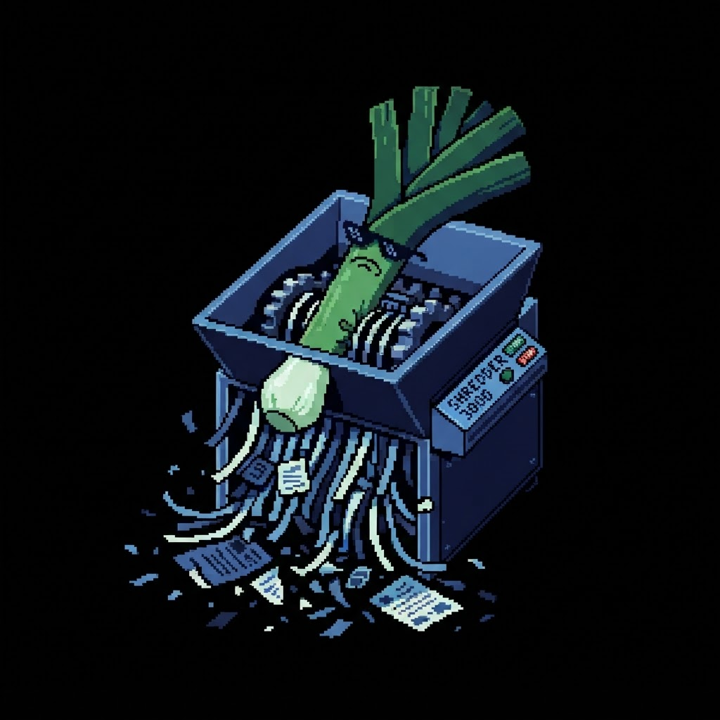Pixel art meme: a leek in sunglasses in front of a document shredder